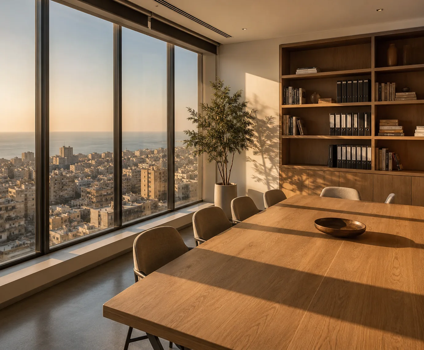 A meeting room overlooking Beirut rooftops and the sea at golden hour