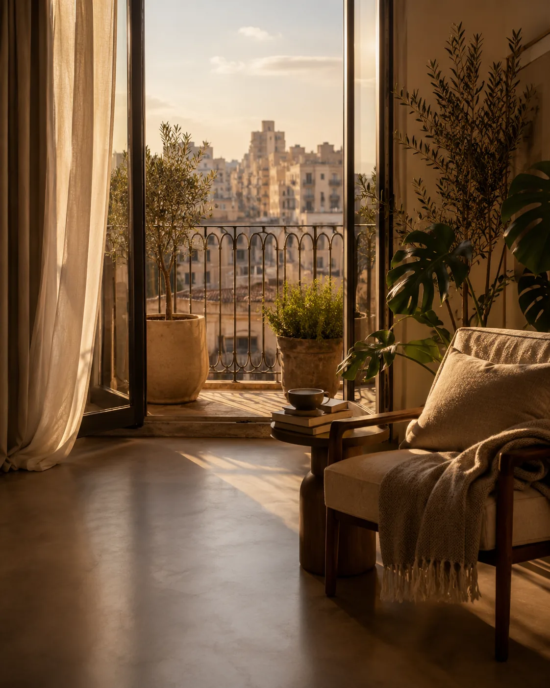 A sunlit Beirut apartment with an armchair beside an open balcony door