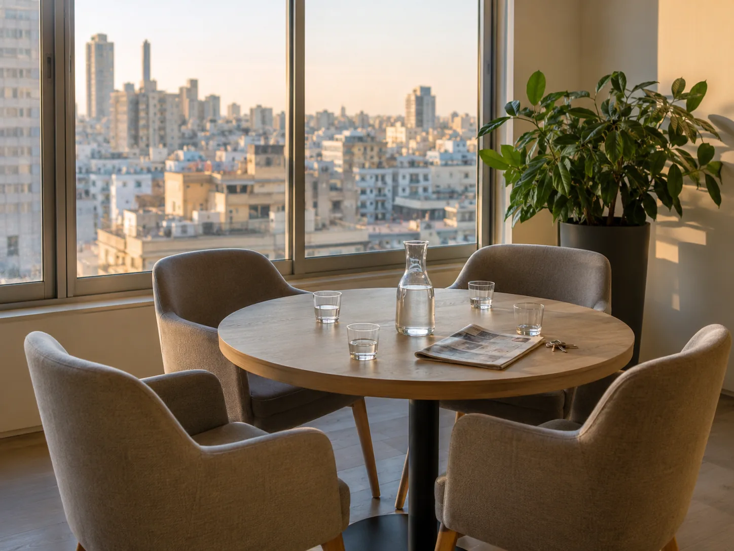 A meeting table set with water and glasses beside a window over Beirut