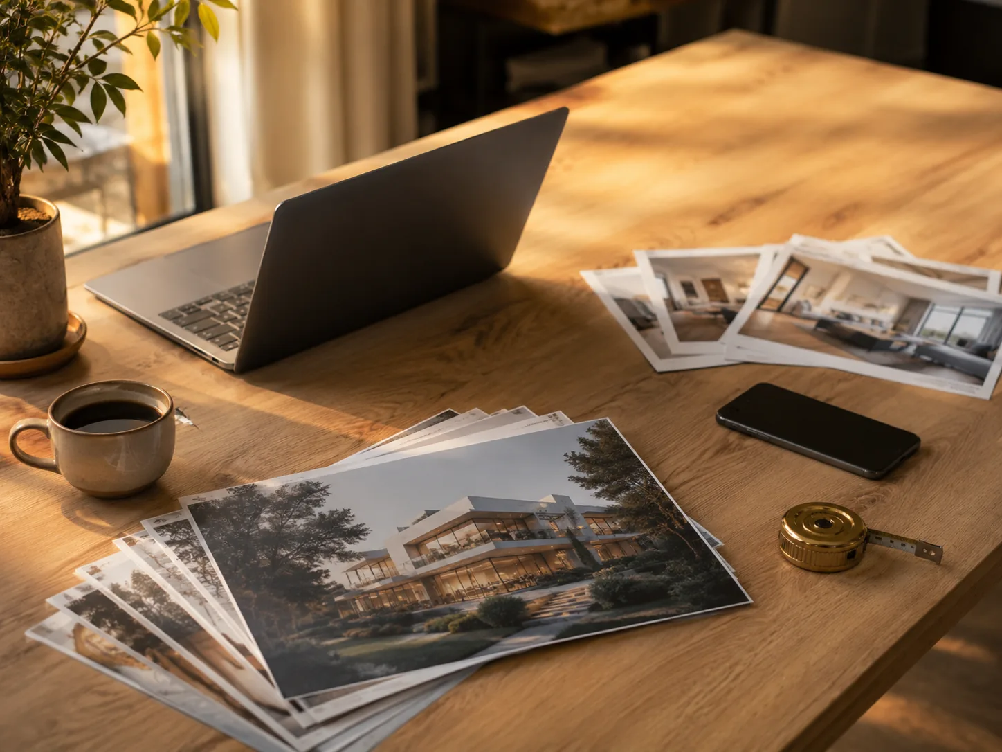 Property brochures, photographic prints and a laptop laid out on a desk