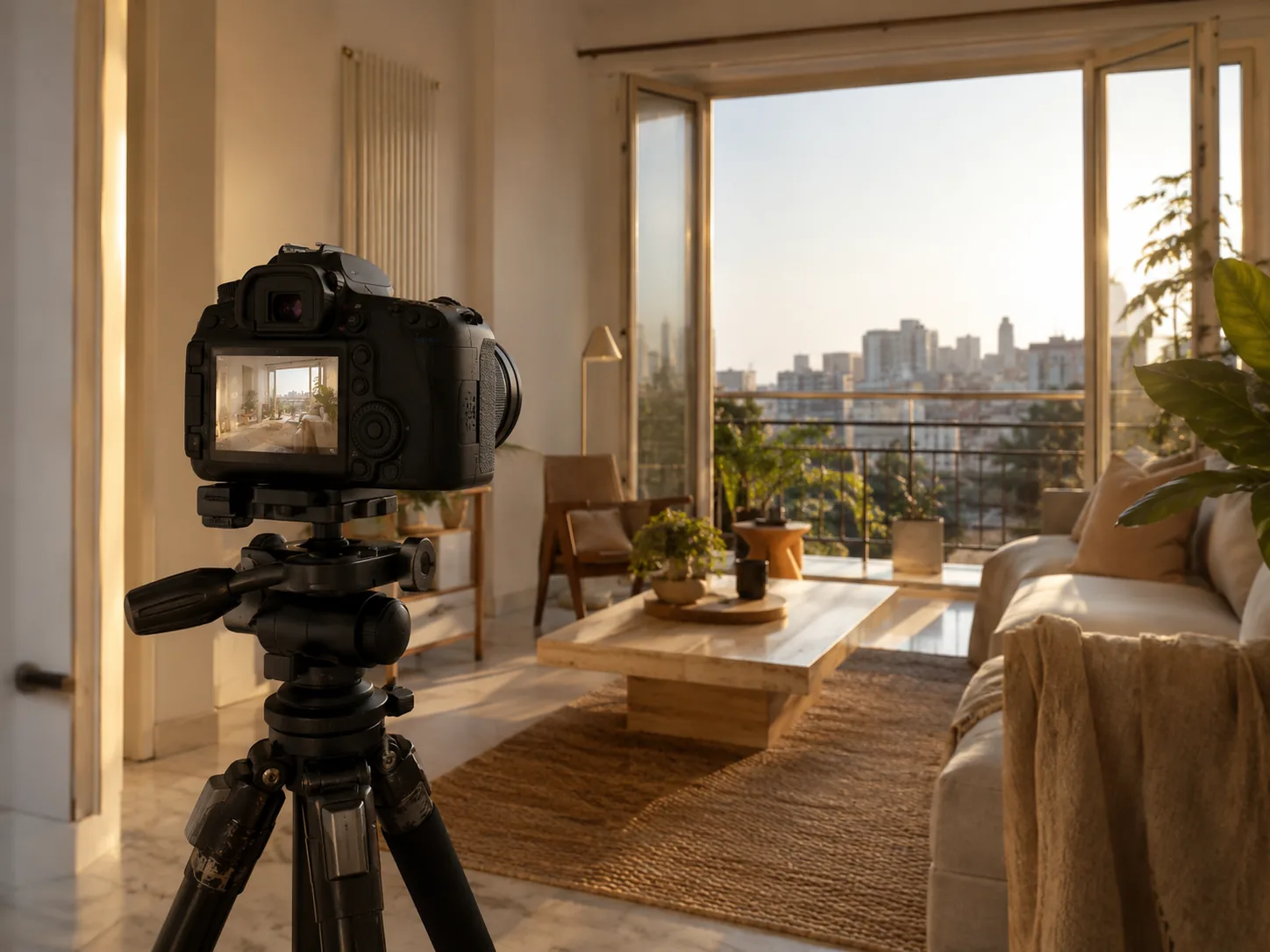A camera on a tripod photographing a sunlit living room